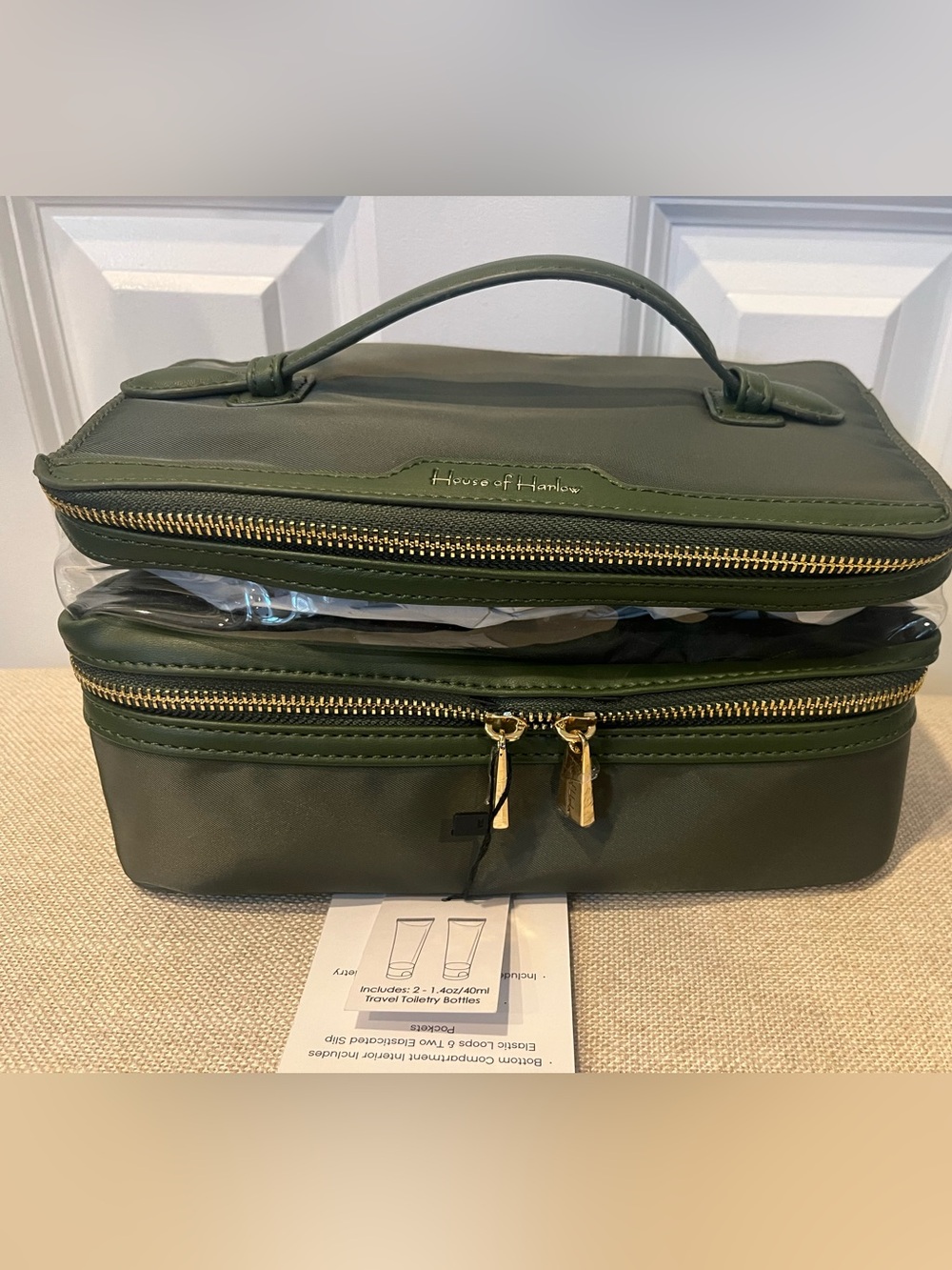 NWT House of Harlow 1960 9.5" Double Compartment Toiletry Train Case- Olive